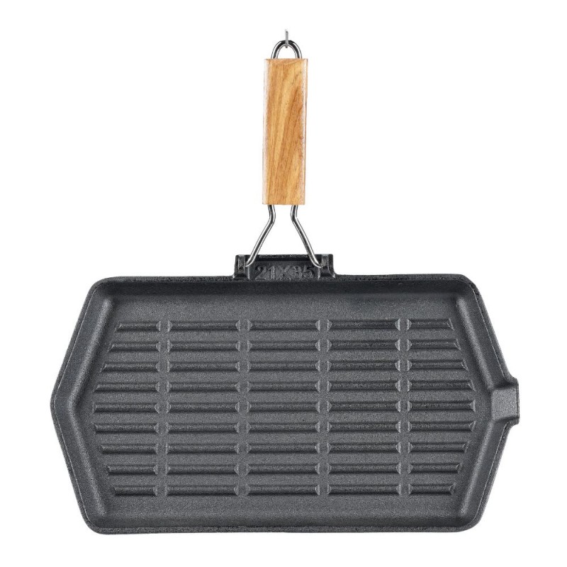 Padella grill in ghisa con manico pieghevole in legno, 35x21 cm - Padella in ghisa