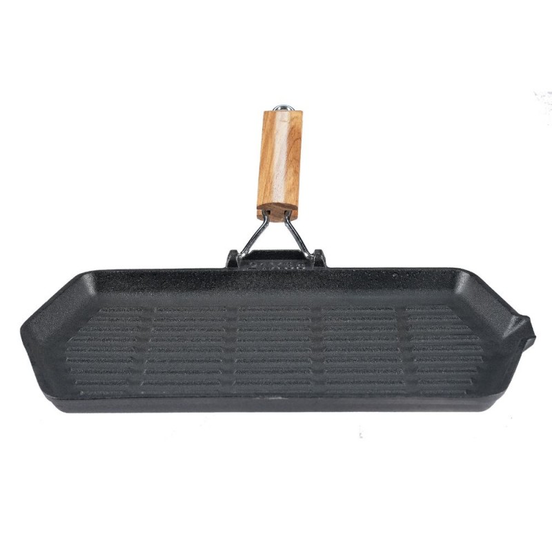 Padella grill in ghisa con manico pieghevole in legno, 35x21 cm - Padella in ghisa